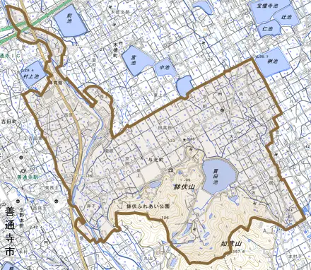 与北町とその周辺の地図。町の範囲を重ねている