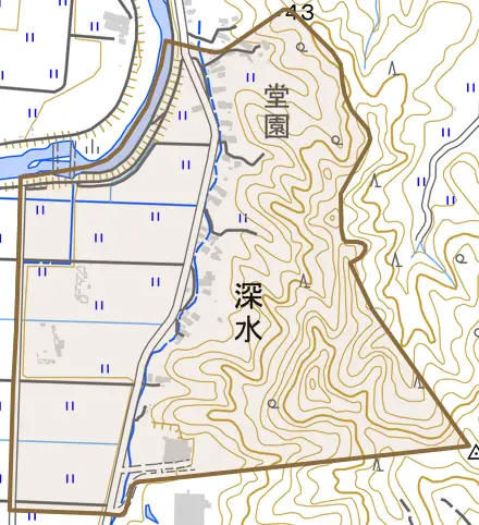 深水とその周辺の地図。町の範囲を重ねている