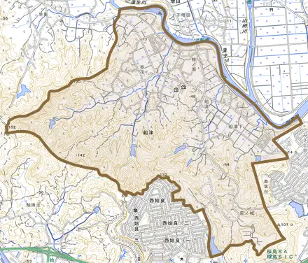 船津とその周辺の地図。町の範囲を重ねている