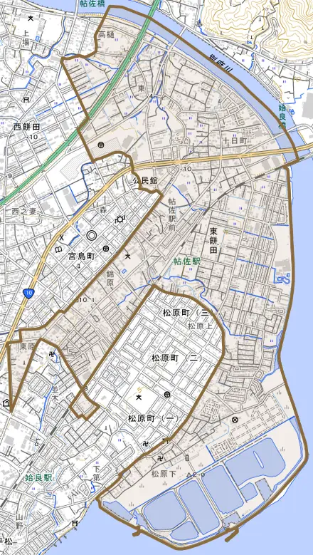 東餅田とその周辺の地図。町の範囲を重ねている