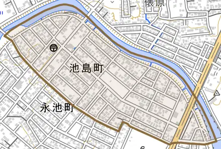 池島町とその周辺の地図。町の範囲を重ねている