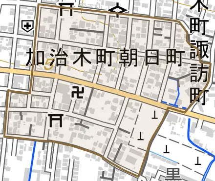 加治木町朝日町とその周辺の地図。町の範囲を重ねている