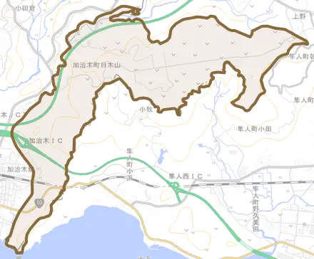 加治木町日木山とその周辺の地図。町の範囲を重ねている