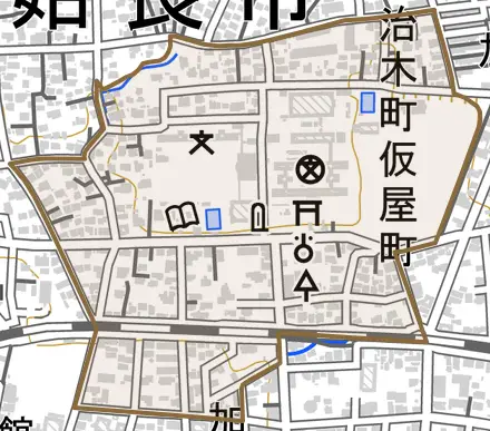 加治木町仮屋町とその周辺の地図。町の範囲を重ねている
