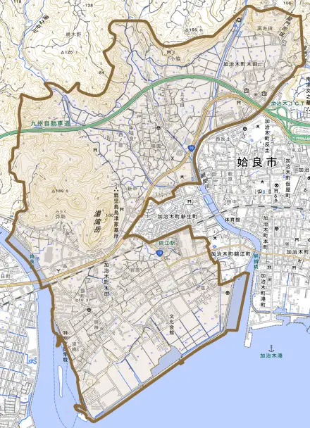 加治木町木田とその周辺の地図。町の範囲を重ねている
