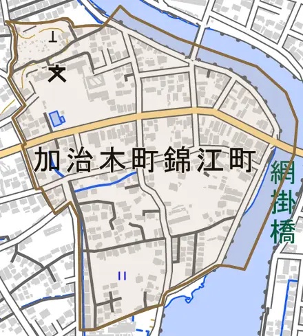 加治木町錦江町とその周辺の地図。町の範囲を重ねている