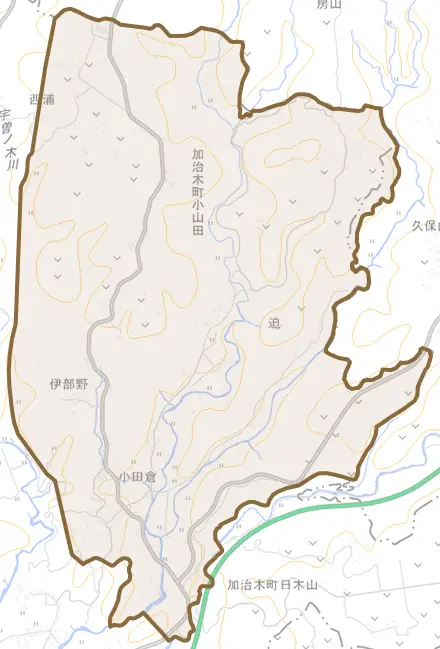 加治木町小山田とその周辺の地図。町の範囲を重ねている