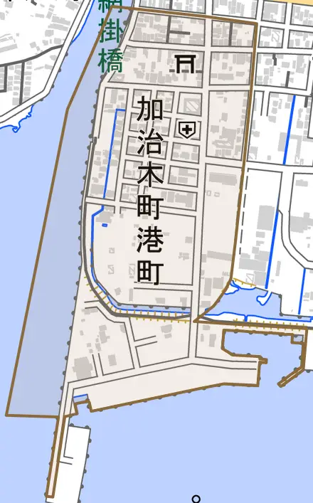 加治木町港町とその周辺の地図。町の範囲を重ねている