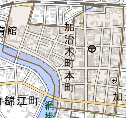 加治木町本町とその周辺の地図。町の範囲を重ねている