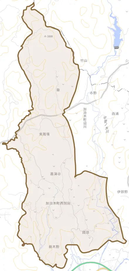 加治木町西別府とその周辺の地図。町の範囲を重ねている