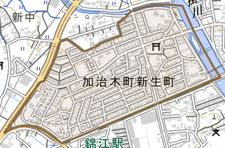 加治木町新生町とその周辺の地図。町の範囲を重ねている