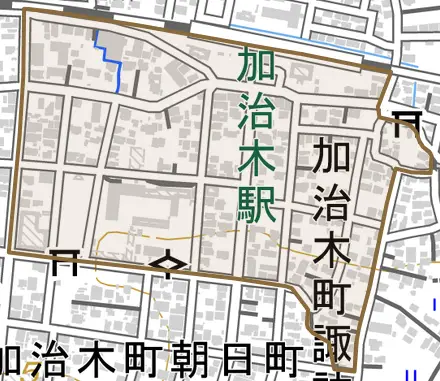 加治木町諏訪町とその周辺の地図。町の範囲を重ねている