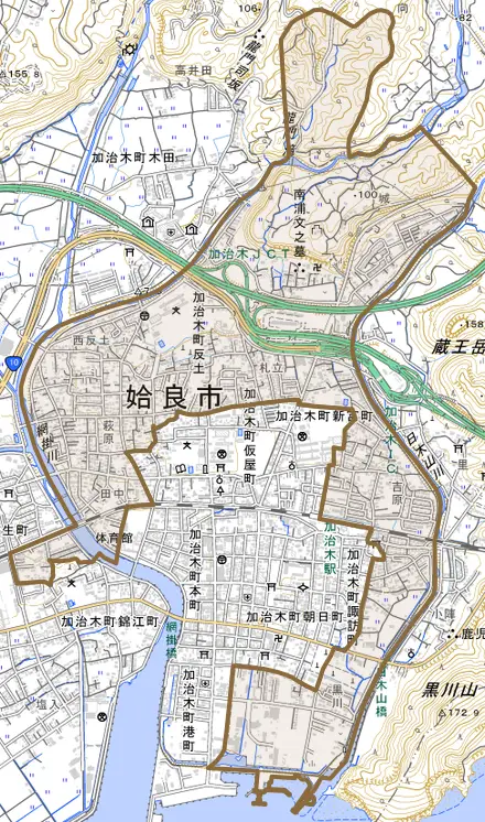 加治木町反土とその周辺の地図。町の範囲を重ねている