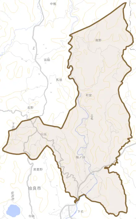 上名とその周辺の地図。町の範囲を重ねている