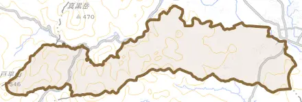 蒲生町久末とその周辺の地図。町の範囲を重ねている