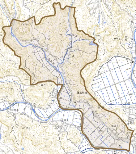 蒲生町北とその周辺の地図。町の範囲を重ねている
