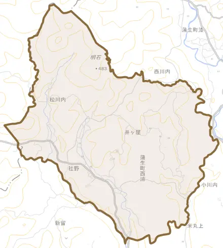 蒲生町西浦とその周辺の地図。町の範囲を重ねている
