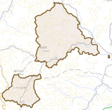 蒲生町白男とその周辺の地図。町の範囲を重ねている