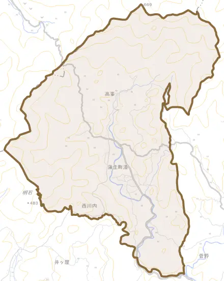 蒲生町漆とその周辺の地図。町の範囲を重ねている