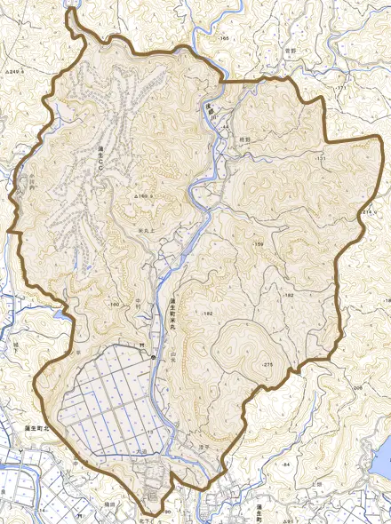 蒲生町米丸とその周辺の地図。町の範囲を重ねている