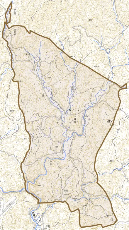 木津志とその周辺の地図。町の範囲を重ねている