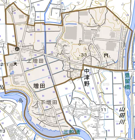 増田とその周辺の地図。町の範囲を重ねている