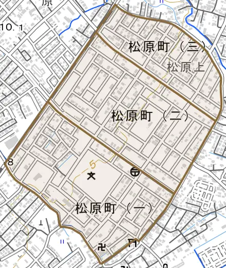 松原町とその周辺の地図。町の範囲を重ねている
