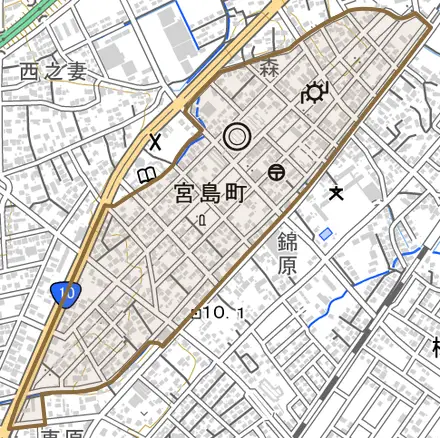 宮島町とその周辺の地図。町の範囲を重ねている