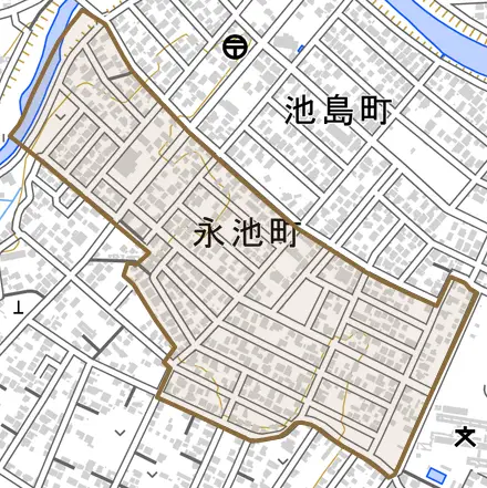 永池町とその周辺の地図。町の範囲を重ねている