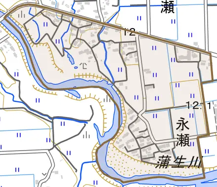 永瀬とその周辺の地図。町の範囲を重ねている