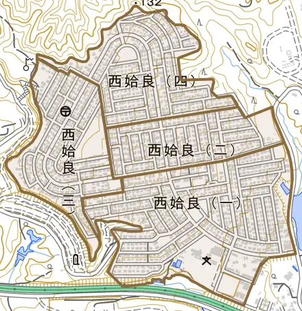 西姶良とその周辺の地図。町の範囲を重ねている