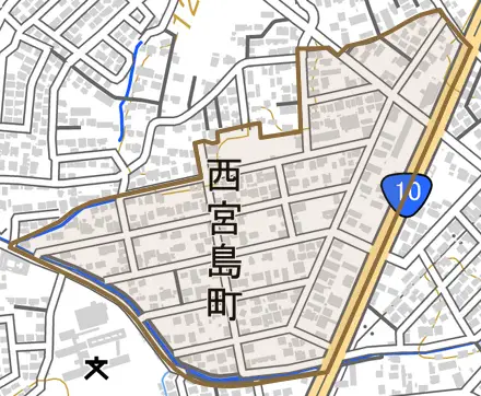 西宮島町とその周辺の地図。町の範囲を重ねている
