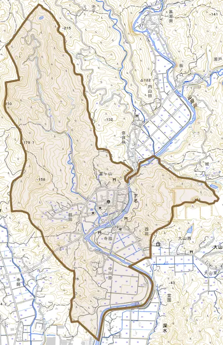 下名とその周辺の地図。町の範囲を重ねている