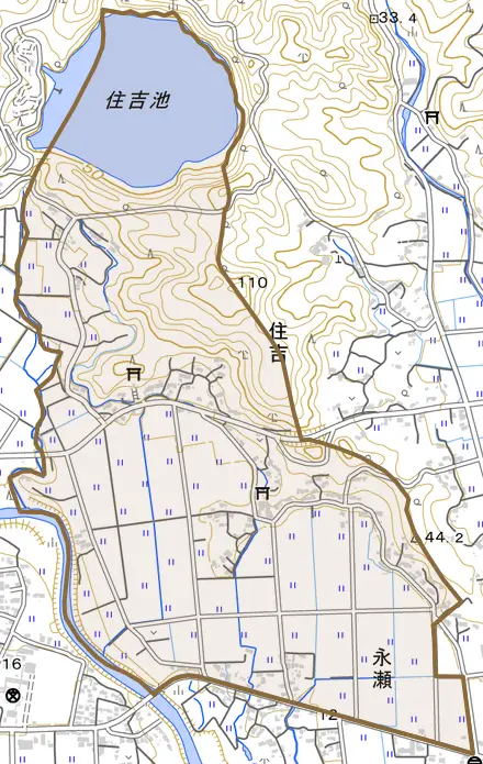 住吉とその周辺の地図。町の範囲を重ねている