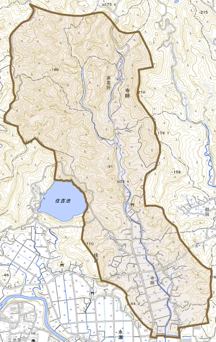 寺師とその周辺の地図。町の範囲を重ねている