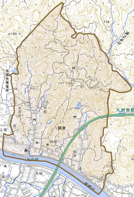 鍋倉とその周辺の地図。町の範囲を重ねている