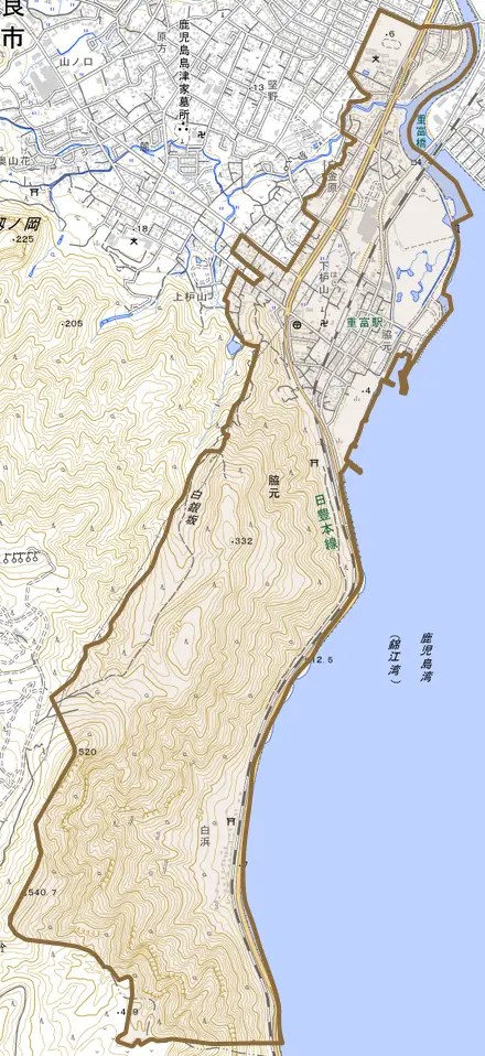 脇元とその周辺の地図。町の範囲を重ねている