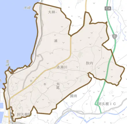 赤瀬川とその周辺の地図。町の範囲を重ねている
