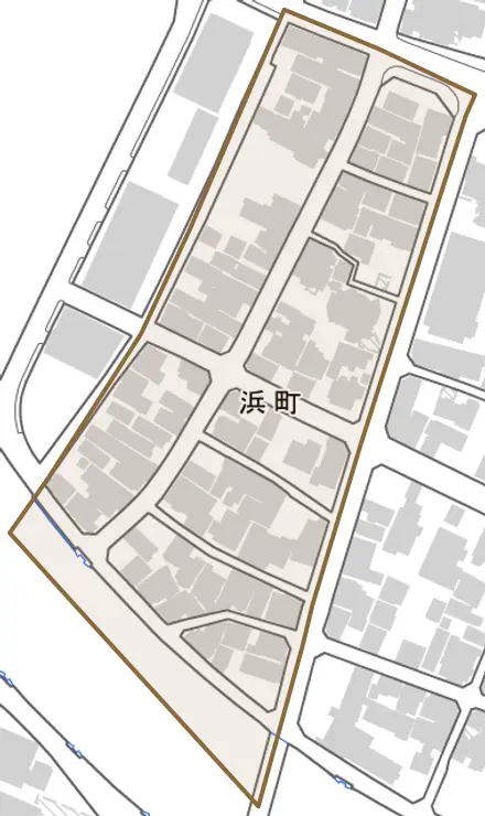 浜町とその周辺の地図。町の範囲を重ねている