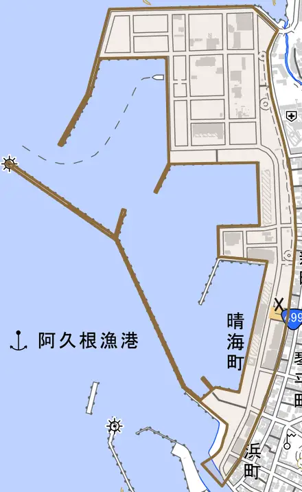 晴海町とその周辺の地図。町の範囲を重ねている