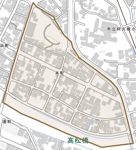 本町とその周辺の地図。町の範囲を重ねている