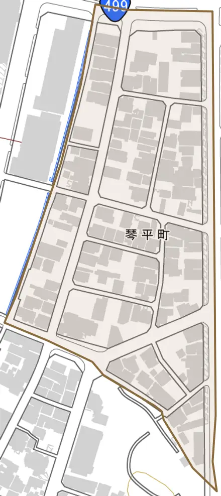 琴平町とその周辺の地図。町の範囲を重ねている