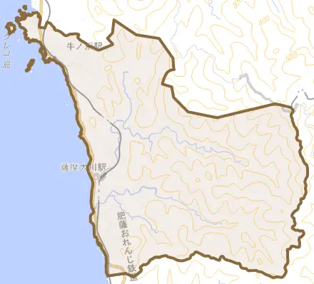大川とその周辺の地図。町の範囲を重ねている