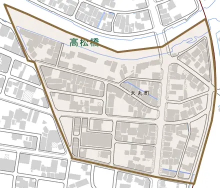 大丸町とその周辺の地図。町の範囲を重ねている