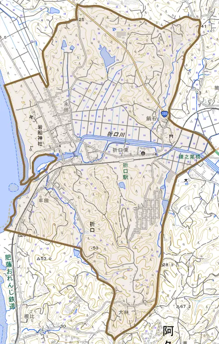 折口とその周辺の地図。町の範囲を重ねている