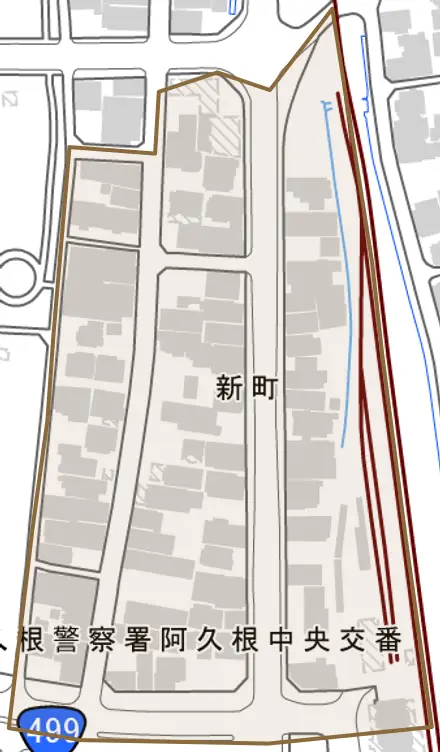 新町とその周辺の地図。町の範囲を重ねている