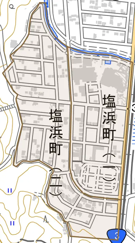 塩浜町とその周辺の地図。町の範囲を重ねている