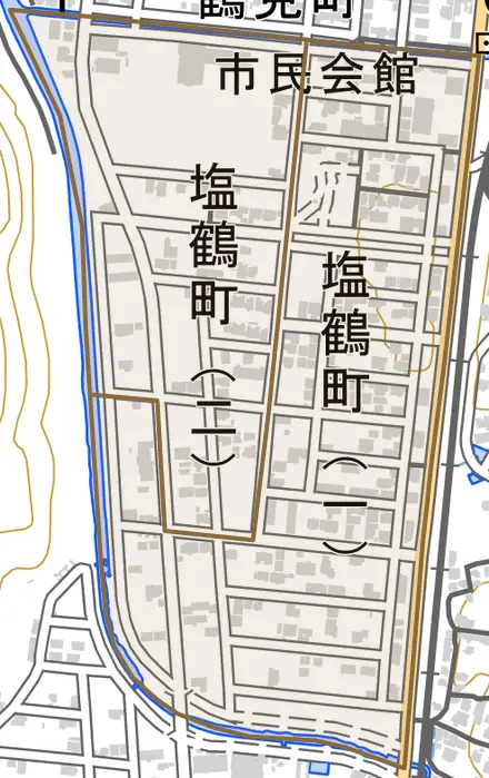 塩鶴町とその周辺の地図。町の範囲を重ねている
