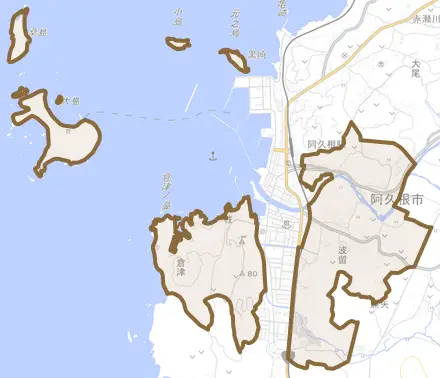 波留とその周辺の地図。町の範囲を重ねている