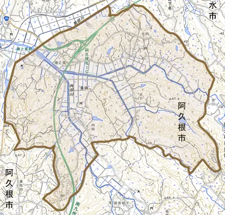 多田とその周辺の地図。町の範囲を重ねている